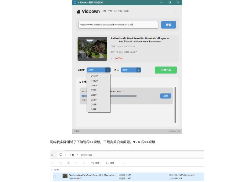 vidDown - B站 油管 抖音 视频下载器，来自吾爱的原创工具已在Win10/Win11环境下完成测试，阿喵我实际测试了下油管的4K视频，下载完美没有问题，9.93G的4K视频标签：#视频下载 #windows #youtube #bilibili #抖音链接：点击获取频道  群聊  投稿  中文