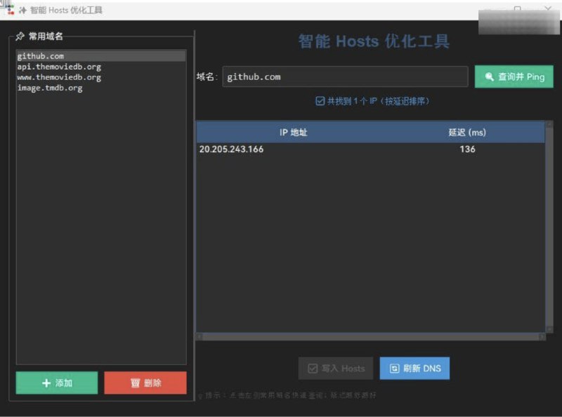 智能IP优选工具，解析网址获取最新的和最低延迟的IP，并写入到host文件里，达到可以直连的目的，来自吾爱的原创工具标签：#windows #IP优选 #host #网络链接：点击获取频道  群聊  投稿  中文