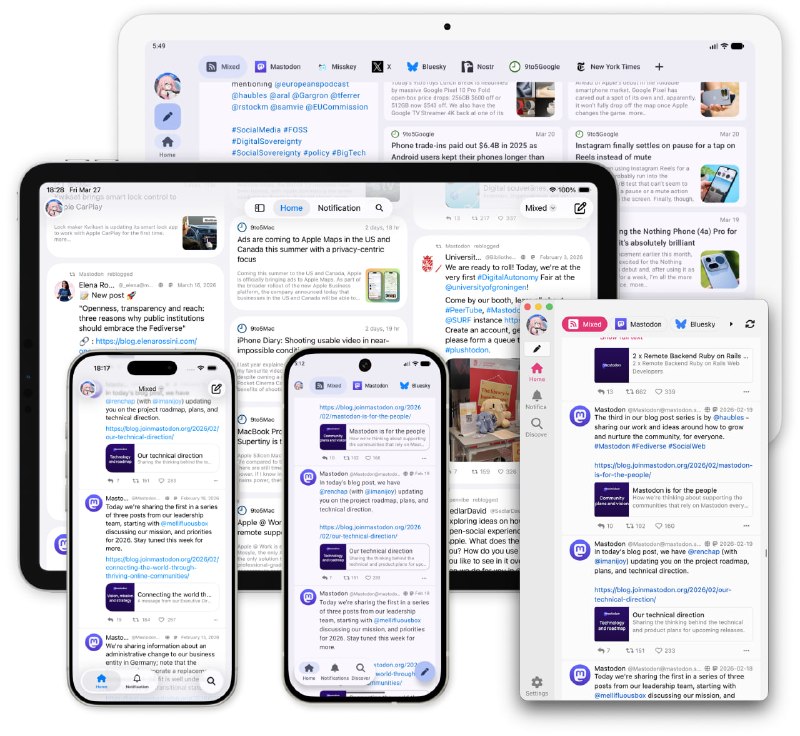 Flare多社交平台聚合客户端，可将 Mastodon、Misskey、Bluesky、X（Twitter）以及 RSS 订阅等信息源整合到统一界面中进行管理，实现统一时间线浏览与内容发布，并提供智能翻译、内容摘要等功能，数据保存在本地，免费开源，适用于 Android iOS Windows 系统