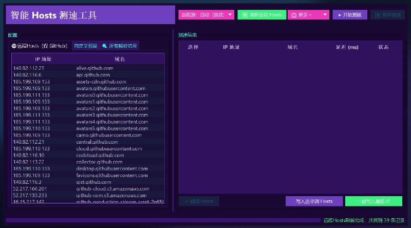  #软件 #工具 SmartHostsTool - 域名 IP 智能测速与 Hosts 文件优化工具▎软件平台：#Windows▎软件介绍：一款智能 Hosts 优化工具，旨在为指定域名自动获取多个候选 IP，并通过并发测速机制筛选出延迟最低、稳定性最好的 IP，最终自动写入系统 Hosts 文件