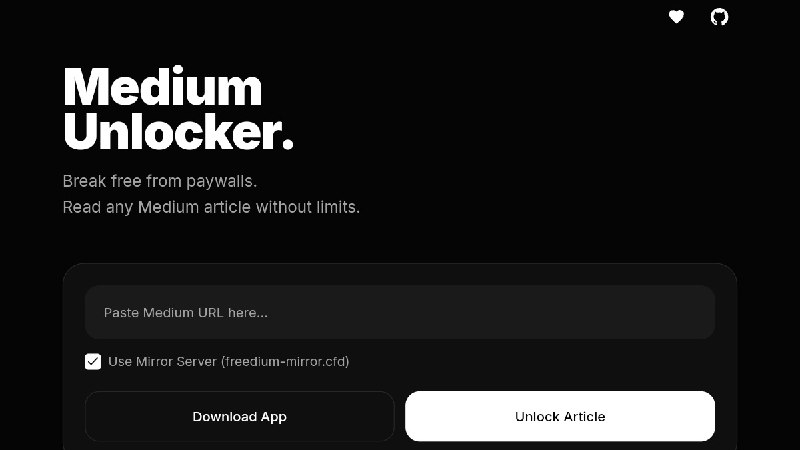  #软件 #工具 Medium Unlocker - 绕过 Medium 付费墙▎软件平台：#Android▎软件介绍：一个用于绕过 Medium 平台付费阅读限制工具，帮助用户在不登录或不开通会员情况下查看 Medium 文章完整内容